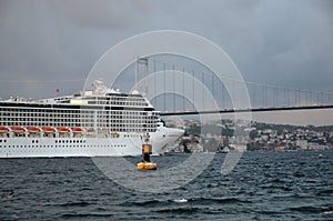 Greek giant cruise ship passing through the straits of Istanbul