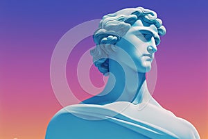 Greek god sculpture in retrowave city pop design, vaporwave style colors