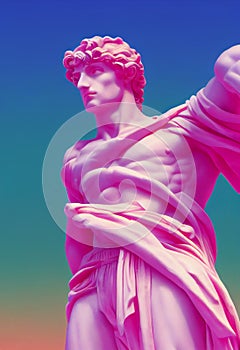 Greek god sculpture in retrowave city pop design, vaporwave style colors