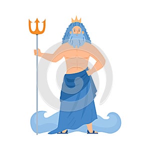 Greek god of sea Poseidon or roman Neptune flat vector illustration isolated.