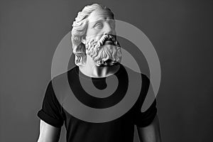 Greek god statue wearing t-shirt. Fashion, art and tourism concept. Simple clothing, modern mass market fashion. Tshirt mockup