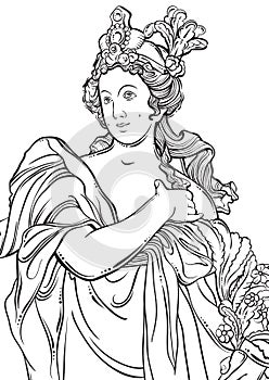 Greek Goddess in line style. Great template for coloring book page. Classicism. Ancient Greece. Myths and legends.