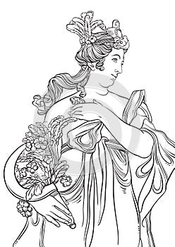 Greek Goddess in line style. Great template for coloring book page. Classicism. Ancient Greece. Myths and legends.