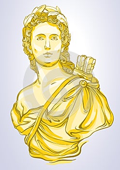 Greek Goddess. Marble bust of beautiful greek man in gold colors. Vetor illustration in line style isolated.