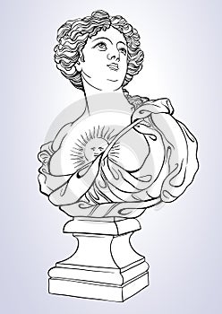 Greek Goddess. Marble bust of pretty greek woman. Great for coloring book. Vetor illustration in line style isolated.