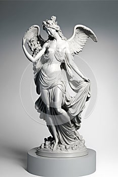 Greek goddess statue on grey background, muse sculpture with wings. AI generated image