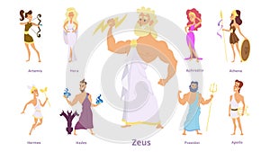 Greek gods. Ancient religion, greece history. Zeus, athena, poseidon character. Isolated cartoon mythology goddess