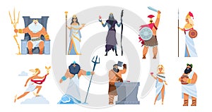 Greek gods. Cartoon ancient mythology characters, vector Zeus Ares a Poseidon gods and goddess isolated on white
