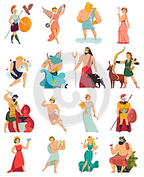 Greek gods cartoon icons set with zeus poseidon hera apollo aphrodite ares hades isolated on white background vector