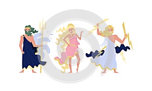 Greek Gods and Goddess with Zeus Holding Lightnings and Poseidon with Trident Vector Set