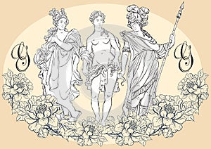 Greek Gods, the mythological heroes of ancient Greece. Hand-drawn beautiful vector artwork isolated. Classicism. photo