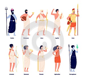 Greek gods. Mythology goddess collection. Cartoon olympians, zeus aphrodite dionysus. Isolated tale stylish characters