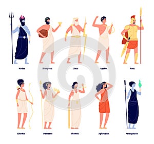 Greek gods. Mythology goddess collection. Cartoon olympians, zeus aphrodite dionysus. Isolated tale stylish characters photo