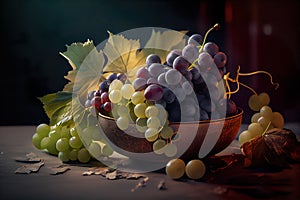 Greek Grapes Scenario On Wooden Bowl And Table Blurred Background - Generative AI