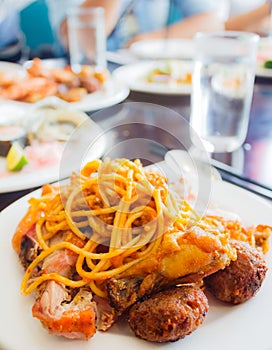 Greek Grill plate. Grilled meat with chips.