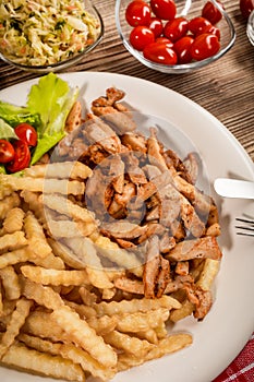 Greek gyros dis with fries and salad