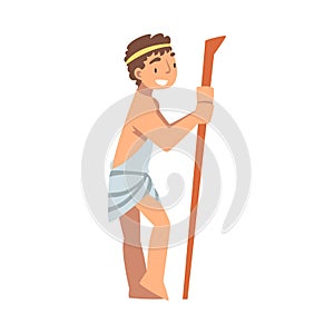 Greek or Hellene Man Character in Ethnic Chiton Clothing and Wooden Stick Vector Illustration