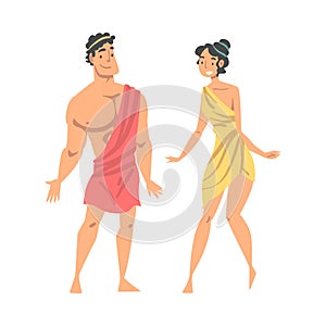 Greek or Hellene Man and Woman Character in Ethnic Chiton Clothing Vector Illustration