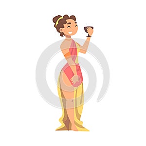 Greek or Hellene Woman Character in Ethnic Chiton Clothing Holding Goblet Vector Illustration