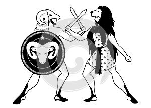 Greek heroes crashing their swords. Jason and Hercules. Fleece and lion. Shield with the image of ram. Ancient Greece style