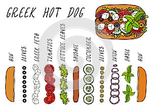 Greek Hot Dog Ingredients Constructor. Feta Cheese, Basil. Olives, Lettuce Salad, Tomato, Cucumber. Fast Food Collection