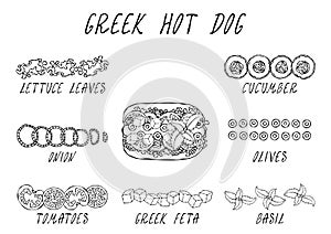 Greek Hot Dog Ingredients Constructor. Feta Cheese, Basil. Olives, Lettuce Salad, Tomato, Cucumber. Fast Food Collection. Hand Dra