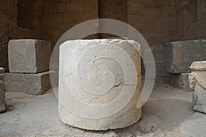 Greek inscription on an antique marble column located on the territory of the Acropolis of Lindos. Rhodes island, Greece
