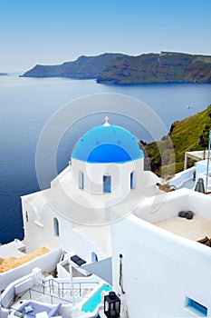 Greek Island blue dome Church, Santorini, Greece