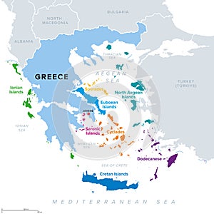 Greek island groups, islands of Greece grouped into clusters, political map