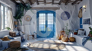 Greek island home interior with traditional furniture and cycladic architecture in santorini sunset