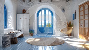 Greek island home traditional interior with cycladic architecture and santorini sunset lighting