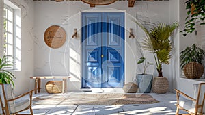 Greek island home white walls, blue doors, cycladic architecture, santorini sunset, hdr photography