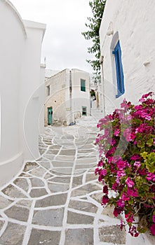 Greek Island Paros, historic village Lefkes typical street scene