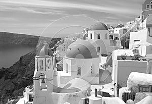 Greek Islands style architecture of Oia village, Santorini island, Greece in Monochrome