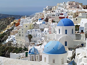 Greek Islands Style White and Blue Colored Churches at Oia Village, Santorini