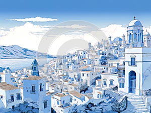 Greek Isles architcture in blue ink line art