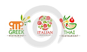 Greek, Italian, Thai Ethnic Cuisines Restaurant Logo Set, National Food Cafe Label, Emblem, Badge Vector Illustration