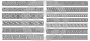 Greek key borders with meander ornament. Seamless roman frame with geometric motif. Set of antique graphic art. Vector