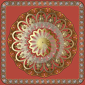 Greek key meanders gold 3d mandala pattern. Ornamental grecian style greece square frame background. Modern geometric