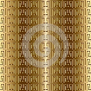 Greek key meanders gold 3d vector seamless pattern. Textured orn