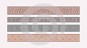 Greek key ornaments collection. Colored meander pattern set. Repeating geometric meandros motif. Greek fret design