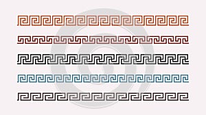 Greek key ornaments collection. Colored meander pattern set. Repeating geometric meandros motif. Greek fret design