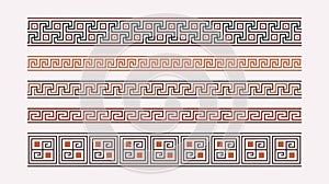 Greek key ornaments collection. Colored meander pattern set. Repeating geometric meandros motif. Greek fret design