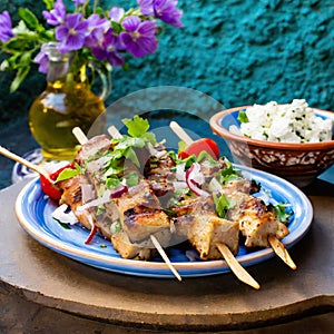 Greek lamb souvlaki skewers with salad.