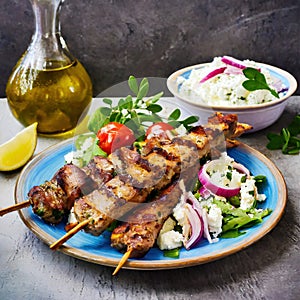 Greek lamb souvlaki skewers with salad.