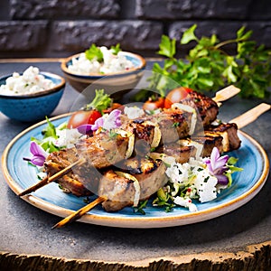 Greek lamb souvlaki skewers with salad.