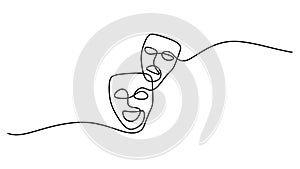Greek mask one line drawing, opera event symbols continuous hand drawn