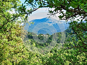 Greek Mountain Landscape, With Small Church on Mid Distance Hill, Greece