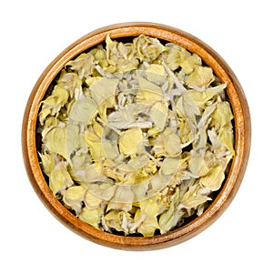 Greek mountain tea in wooden bowl, also ironwort, Sideritis or shepherds tea