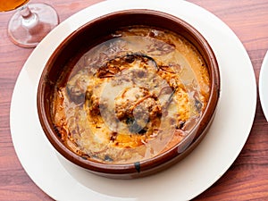 Greek moussaka from baked eggplant, tomato, minced lamb meat